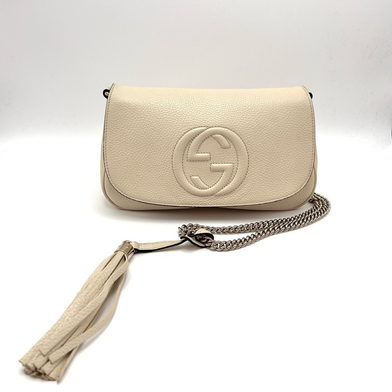 GUCCI 雙Gsoho系列白色金扣流蘇肩背斜背鏈條包 27*16*5 98新配件塵袋-1