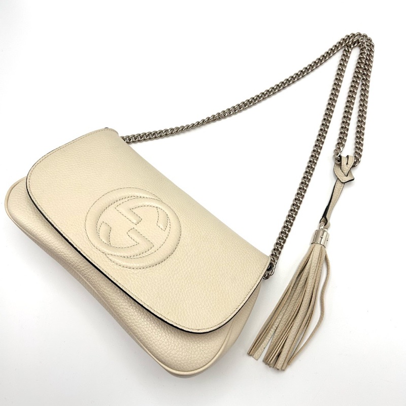 GUCCI 雙Gsoho系列白色金扣流蘇肩背斜背鏈條包 27*16*5 98新配件塵袋-3