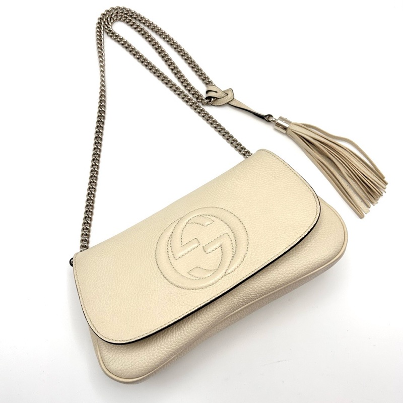 GUCCI 雙Gsoho系列白色金扣流蘇肩背斜背鏈條包 27*16*5 98新配件塵袋-5