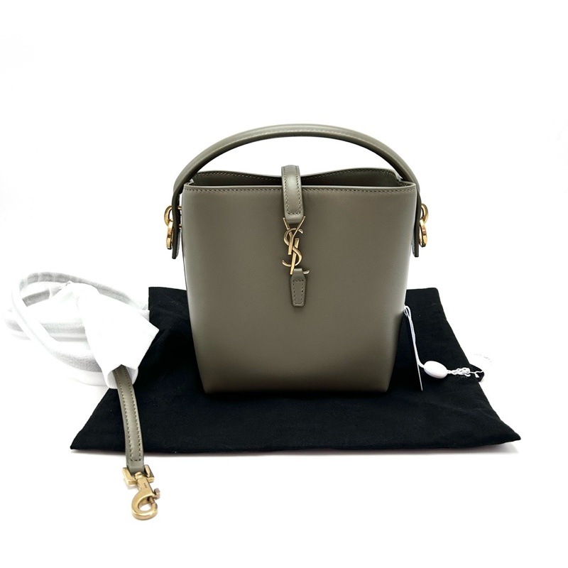 YSL LE37mini深苔蘚綠金扣手提斜背水桶包 13*15*8 全新閒置配件塵袋-1
