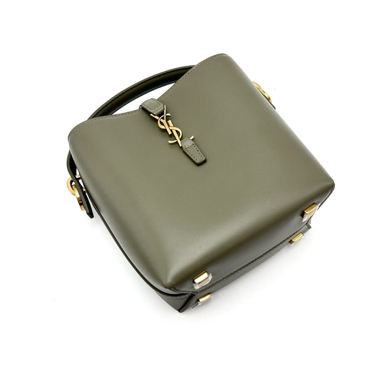 YSL LE37mini深苔蘚綠金扣手提斜背水桶包 13*15*8 全新閒置配件塵袋-3