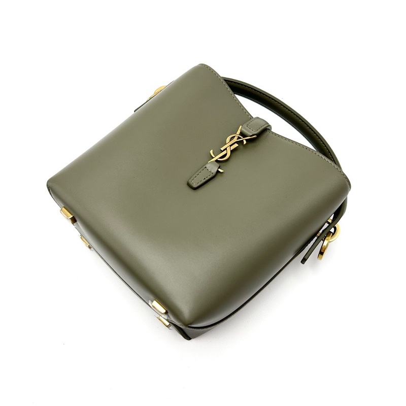 YSL LE37mini深苔蘚綠金扣手提斜背水桶包 13*15*8 全新閒置配件塵袋-5