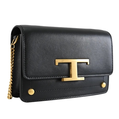 全新✨ TOD’S Timeless T字釦小牛皮翻蓋斜背包風琴包(黑金)
