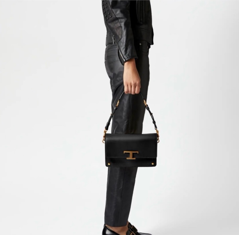 全新✨ TOD’S Timeless T字釦小牛皮翻蓋斜背包風琴包(黑金)-10