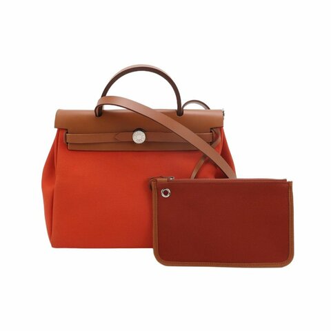 Hermes Herbag31馬鞍釘鎖扣單肩包Hunter牛皮帆布銀扣橘色棕色U刻