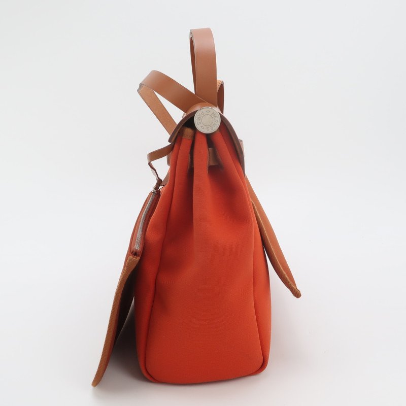 Hermes Herbag31馬鞍釘鎖扣單肩包Hunter牛皮帆布銀扣橘色棕色U刻-3