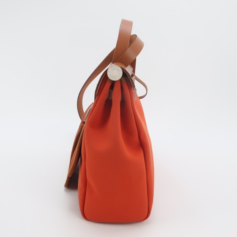 Hermes Herbag31馬鞍釘鎖扣單肩包Hunter牛皮帆布銀扣橘色棕色U刻-4