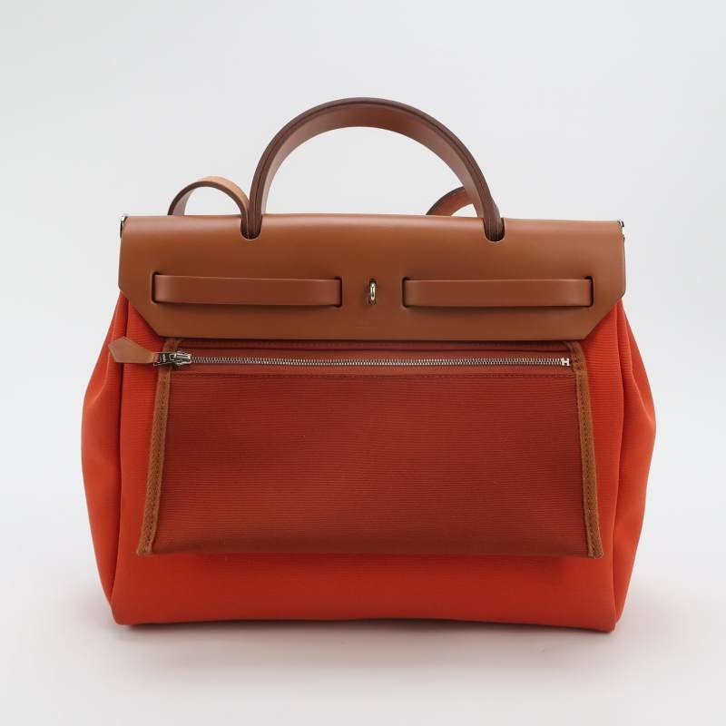 Hermes Herbag31馬鞍釘鎖扣單肩包Hunter牛皮帆布銀扣橘色棕色U刻-5