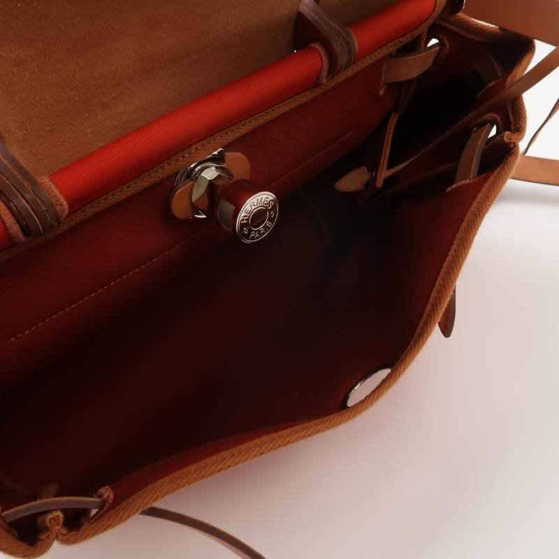 Hermes Herbag31馬鞍釘鎖扣單肩包Hunter牛皮帆布銀扣橘色棕色U刻-7