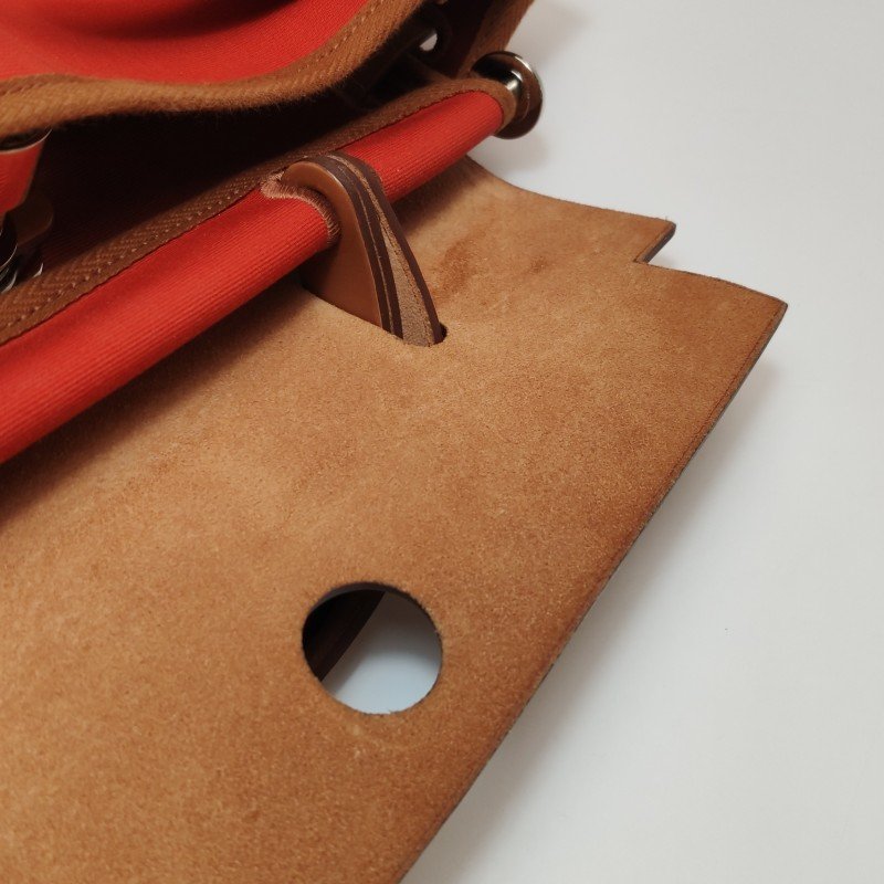 Hermes Herbag31馬鞍釘鎖扣單肩包Hunter牛皮帆布銀扣橘色棕色U刻-8