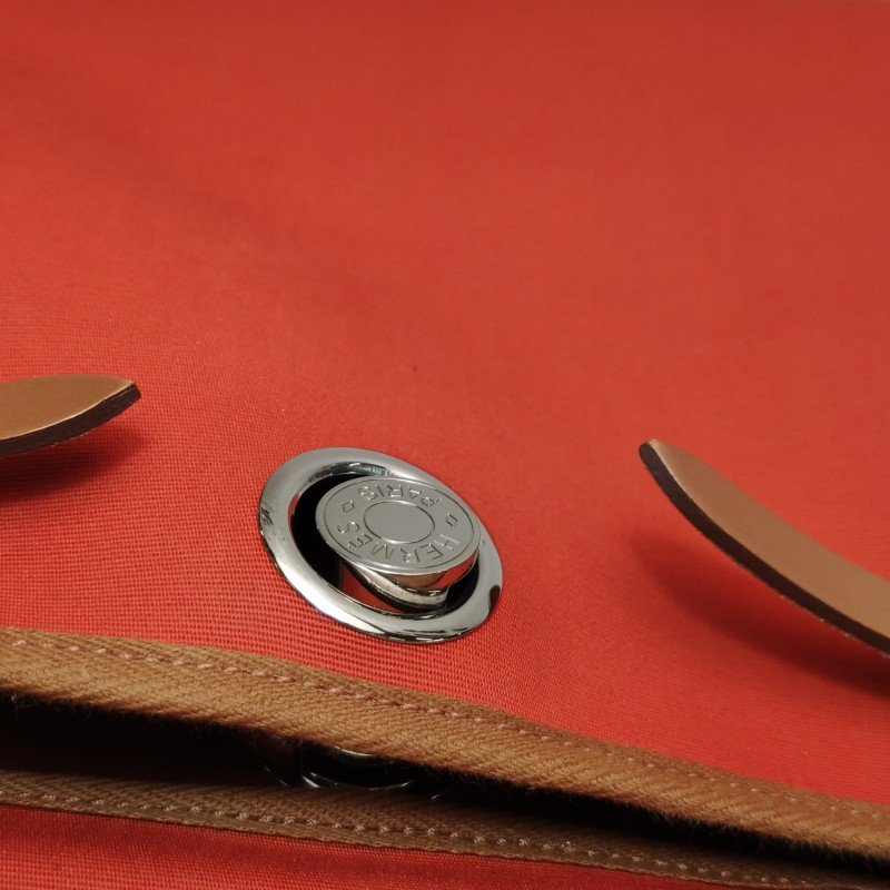 Hermes Herbag31馬鞍釘鎖扣單肩包Hunter牛皮帆布銀扣橘色棕色U刻-11