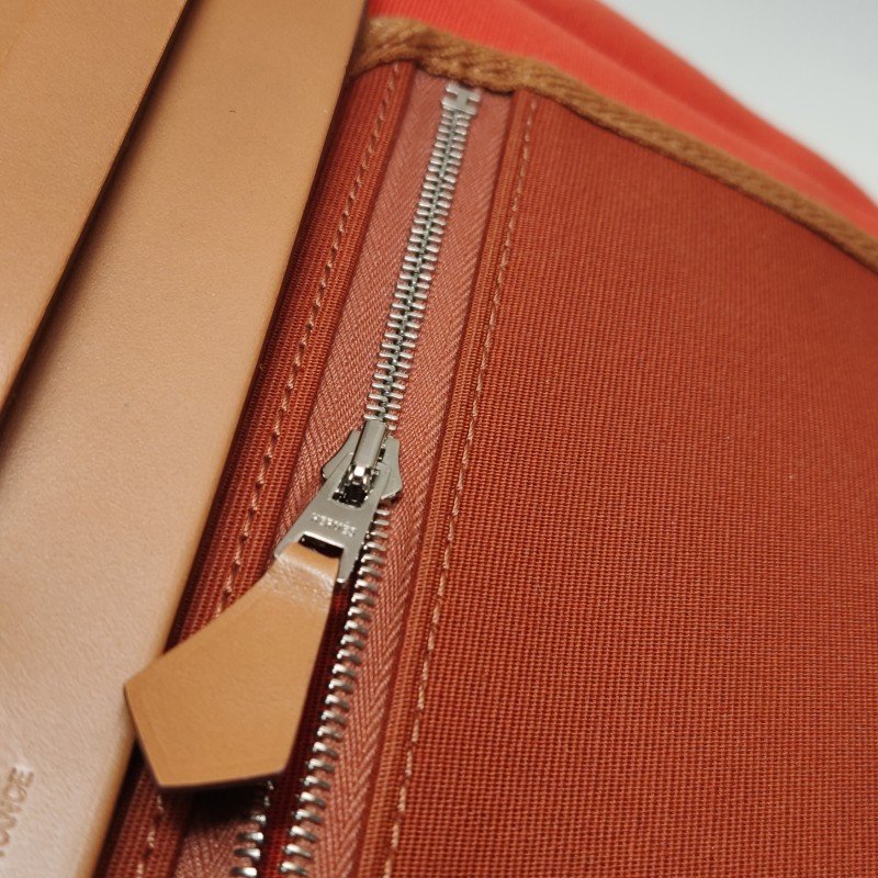 Hermes Herbag31馬鞍釘鎖扣單肩包Hunter牛皮帆布銀扣橘色棕色U刻-13