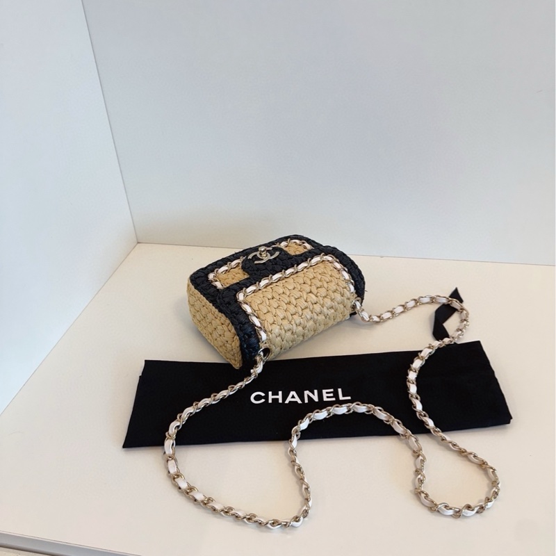 ✨Chanel 99🆕 拉菲草編織方胖子 拼接黑色皮革 慵懶優雅風 晶片款-7