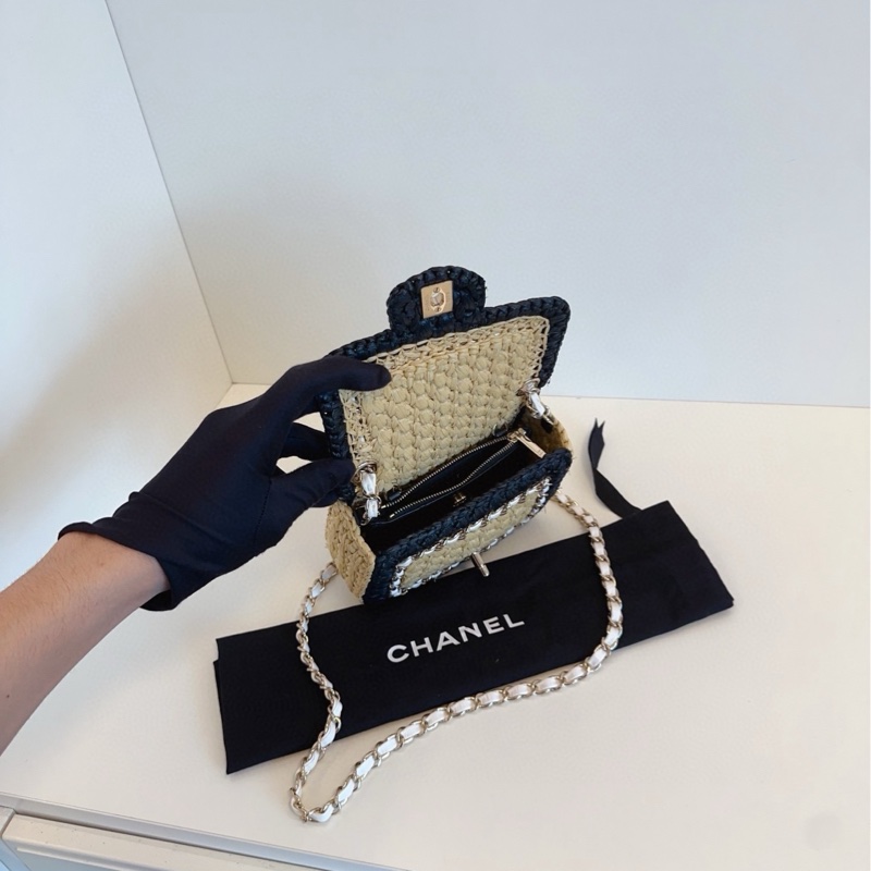 ✨Chanel 99🆕 拉菲草編織方胖子 拼接黑色皮革 慵懶優雅風 晶片款-9