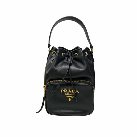 PRADA 25FW Pochettino 金色 Logo Vitello 水桶包 黑色 1BH038 2C35 F0002