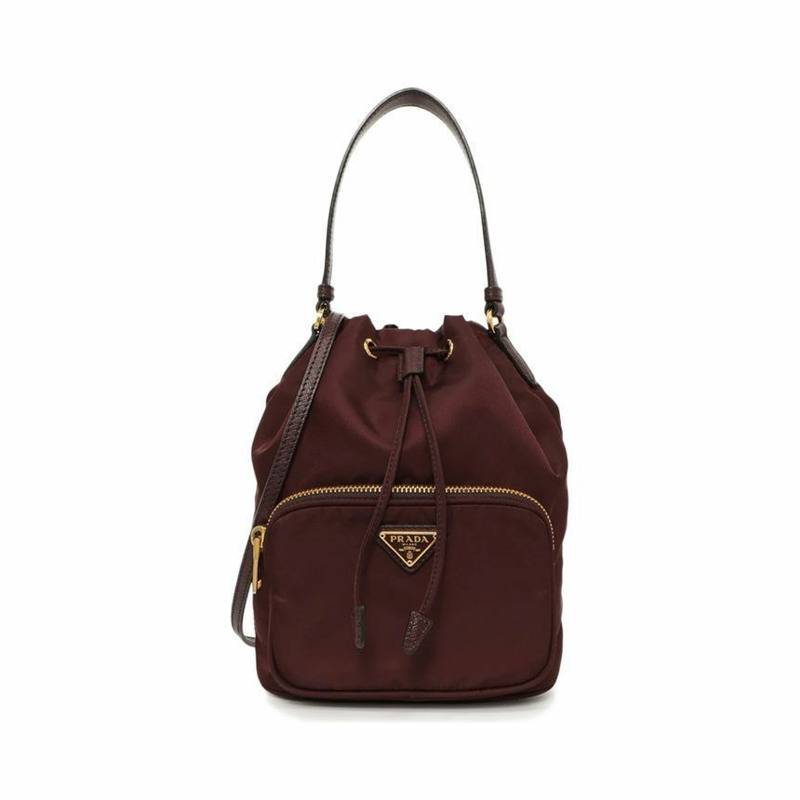 PRADA 26SS 金色 Logo 雙人尼龍水桶包 酒紅色 1BH038 RV44 F0007-0