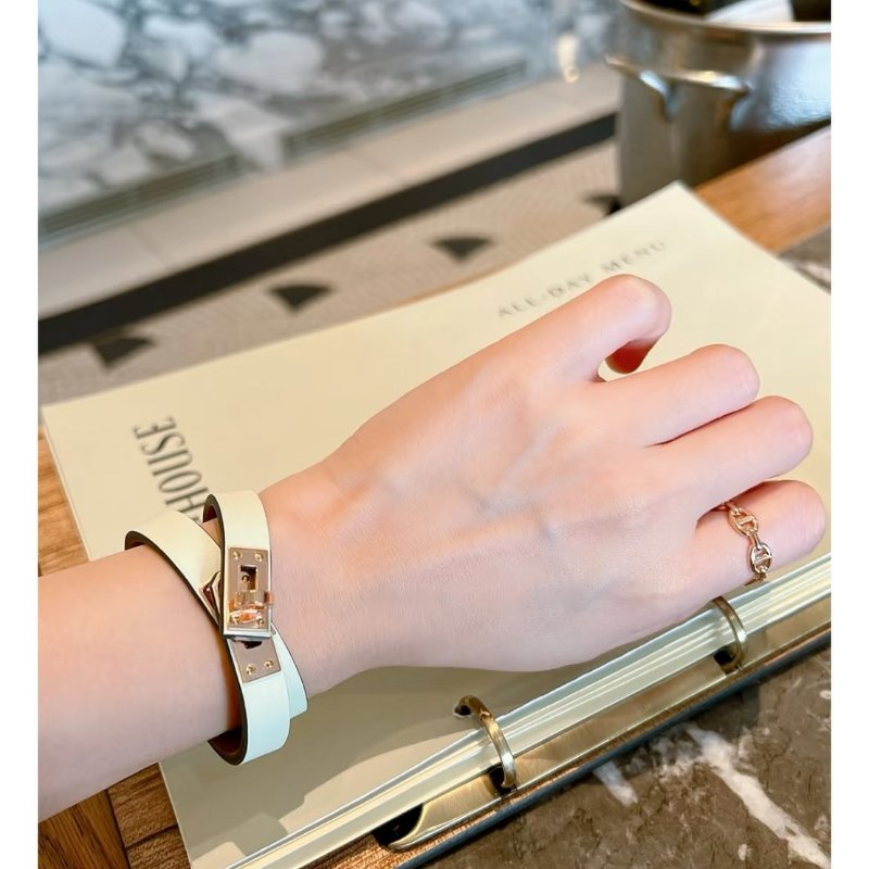 HERMES Mini kelly雙圈手環 - T4奶油白金 B-7