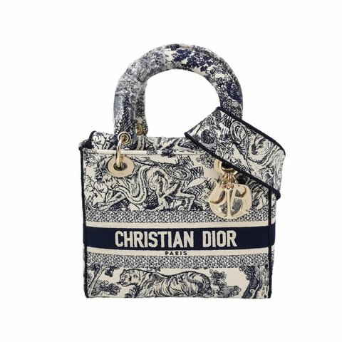 Dior Lady Dior戴妃包中號帆布圖案刺繡字母Logo吊飾斜挎包單肩包