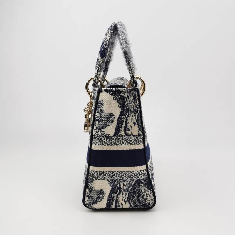 Dior Lady Dior戴妃包中號帆布圖案刺繡字母Logo吊飾斜挎包單肩包-2