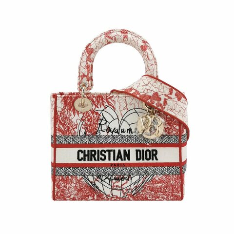 Dior Lady Dior戴妃包中號帆布愛心刺繡字母Logo吊飾斜挎包單肩包