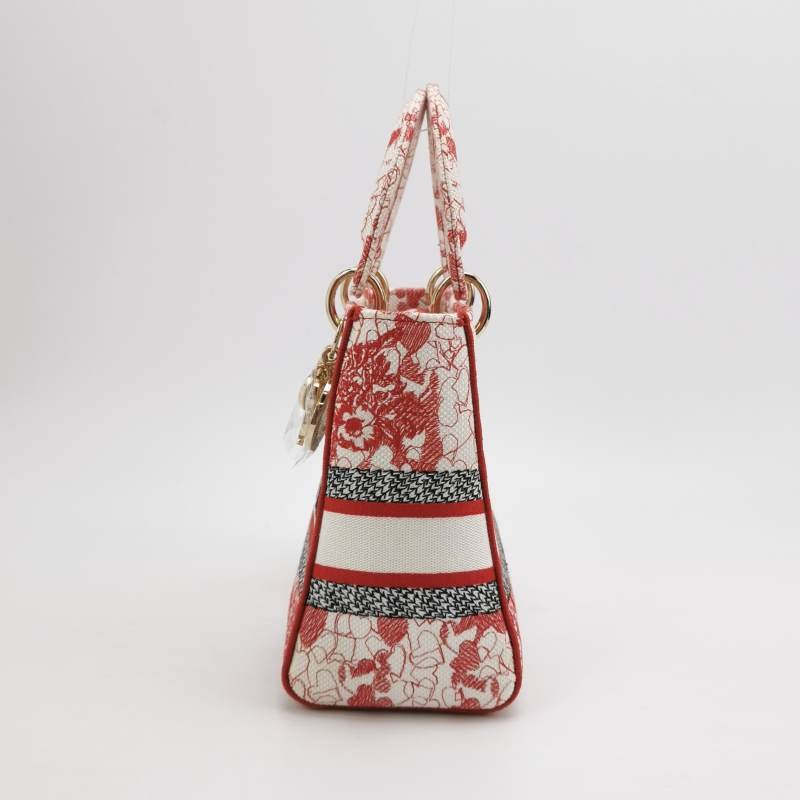 Dior Lady Dior戴妃包中號帆布愛心刺繡字母Logo吊飾斜挎包單肩包-2