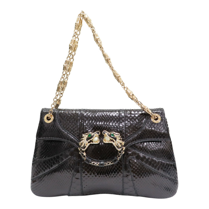 黑色 蛇革 珠寶龍形翻蓋包 手提包【GUCCI 古馳】 135952-0