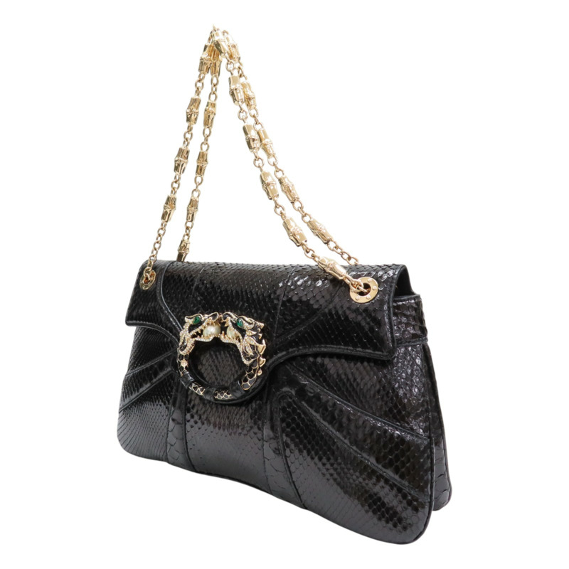 黑色 蛇革 珠寶龍形翻蓋包 手提包【GUCCI 古馳】 135952-2