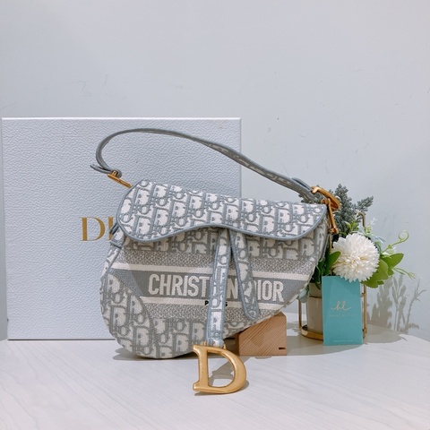 CHRISTIAN DIOR迪奧亞麻灰馬鞍包 OBLIQUE SADDLE BAG [UNUSED]