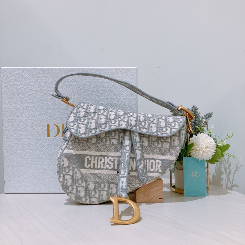 CHRISTIAN DIOR迪奧亞麻灰馬鞍包 OBLIQUE SADDLE BAG [UNUSED]-0