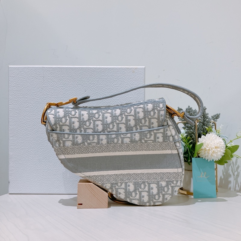 CHRISTIAN DIOR迪奧亞麻灰馬鞍包 OBLIQUE SADDLE BAG [UNUSED]-2