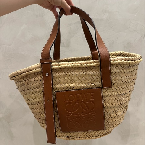 LOEWE 羅威 Medium Basket 小款 棕櫚葉拼小牛皮 托特包 編織包 草編包 原色/棕褐色