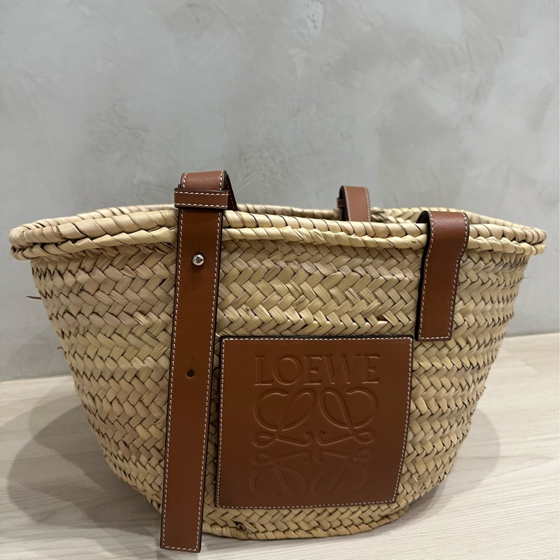 LOEWE 羅威 Medium Basket 小款 棕櫚葉拼小牛皮 托特包 編織包 草編包 原色/棕褐色-6