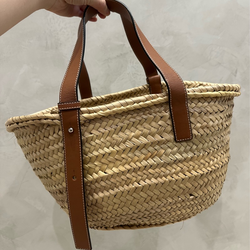 LOEWE 羅威 Medium Basket 小款 棕櫚葉拼小牛皮 托特包 編織包 草編包 原色/棕褐色-7