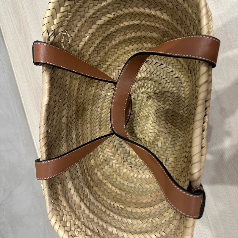 LOEWE 羅威 Medium Basket 小款 棕櫚葉拼小牛皮 托特包 編織包 草編包 原色/棕褐色-9