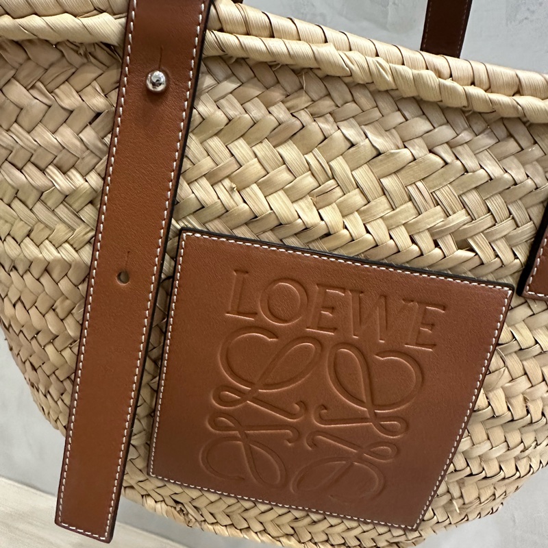 LOEWE 羅威 Medium Basket 小款 棕櫚葉拼小牛皮 托特包 編織包 草編包 原色/棕褐色-11