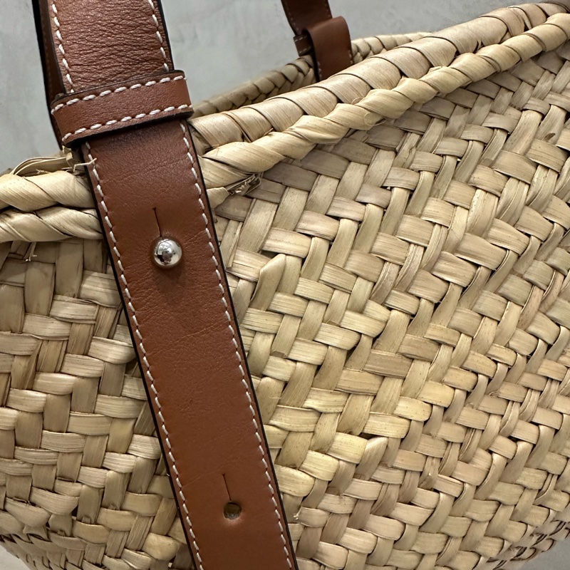 LOEWE 羅威 Medium Basket 小款 棕櫚葉拼小牛皮 托特包 編織包 草編包 原色/棕褐色-12