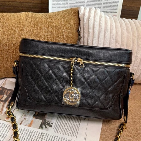 【近新閒置品】香奈兒Chanel 中古1開盒子包荔枝紋皮黑金菱格斜挎包單肩包大號