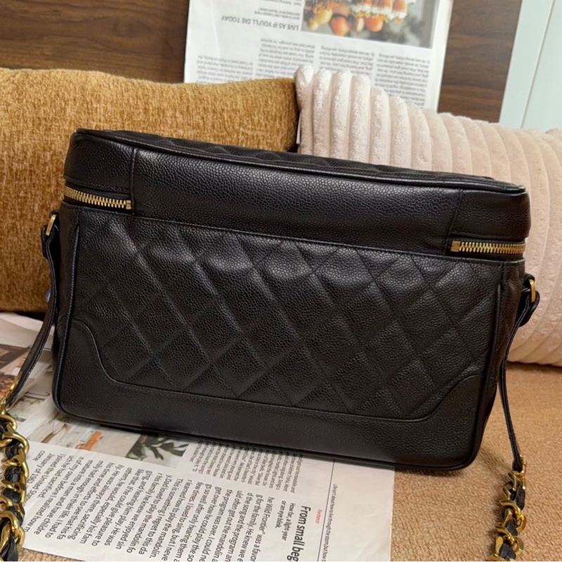 【近新閒置品】香奈兒Chanel 中古1開盒子包荔枝紋皮黑金菱格斜挎包單肩包大號-1