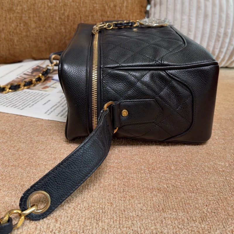 【近新閒置品】香奈兒Chanel 中古1開盒子包荔枝紋皮黑金菱格斜挎包單肩包大號-3