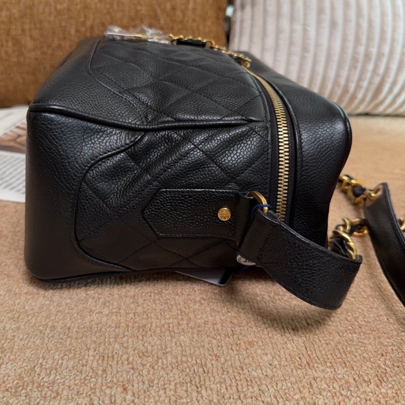 【近新閒置品】香奈兒Chanel 中古1開盒子包荔枝紋皮黑金菱格斜挎包單肩包大號-4