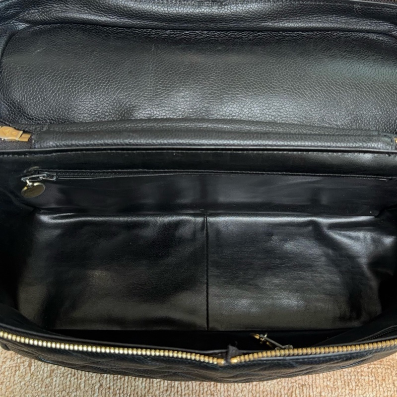 【近新閒置品】香奈兒Chanel 中古1開盒子包荔枝紋皮黑金菱格斜挎包單肩包大號-9