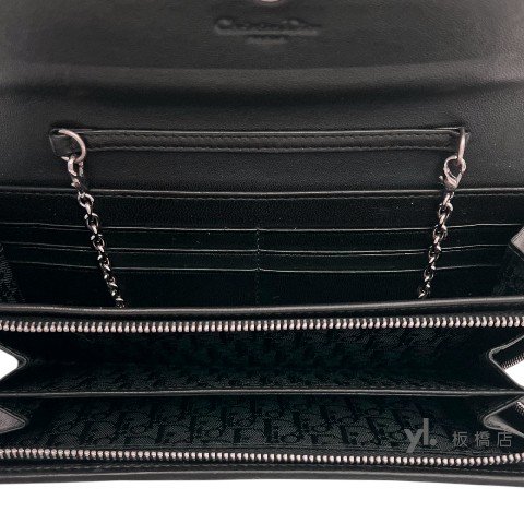 Dior長夾 Lady Dior Cannage黑羊皮籐格紋銀鏈長夾-5