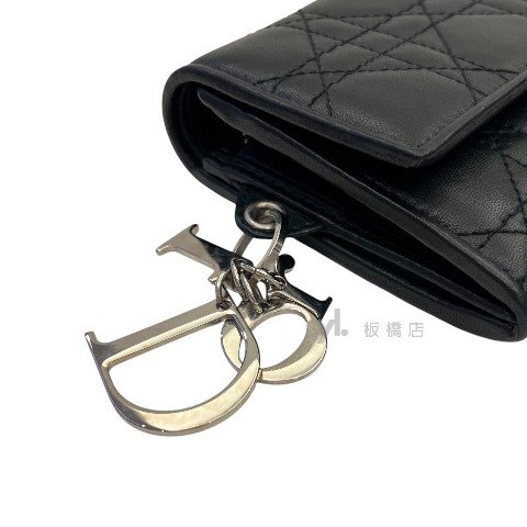 Dior長夾 Lady Dior Cannage黑羊皮籐格紋銀鏈長夾-6