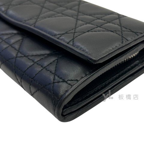 Dior長夾 Lady Dior Cannage黑羊皮籐格紋銀鏈長夾-7
