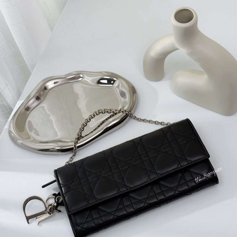 Dior Lady Dior Cannage黑羊皮籐格紋銀鏈長夾-0