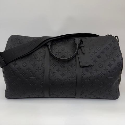 LV 黑牛皮壓紋黑釦Keepall 50手提斜背旅行袋M44810