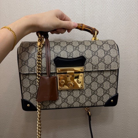 Gucci PVC咖牛皮Padlock金釦竹節手把手提斜背包