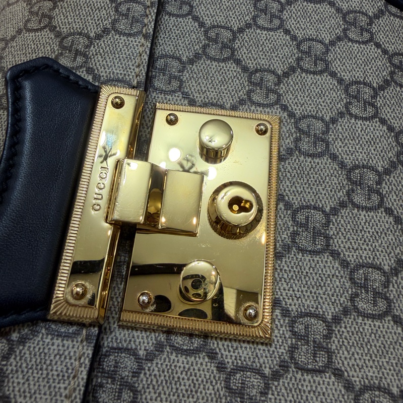 Gucci PVC咖牛皮Padlock金釦竹節手把手提斜背包-1
