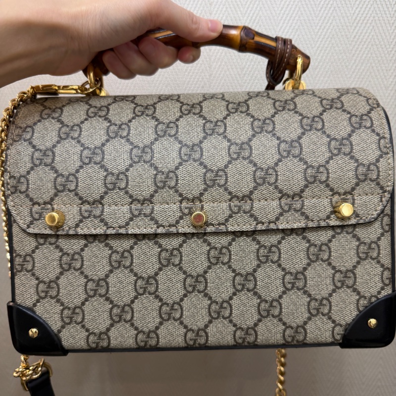 Gucci PVC咖牛皮Padlock金釦竹節手把手提斜背包-4