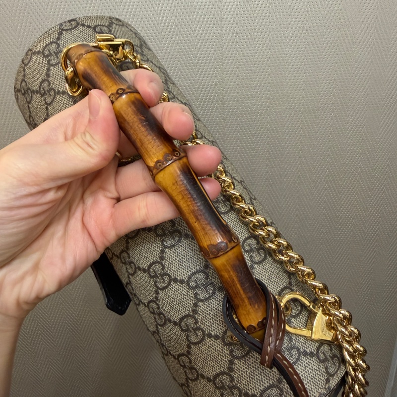 Gucci PVC咖牛皮Padlock金釦竹節手把手提斜背包-9